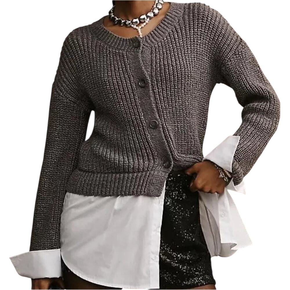Anthropologie Cropped Twofer Cardigan Sweater Layered Button Down Gray White XS